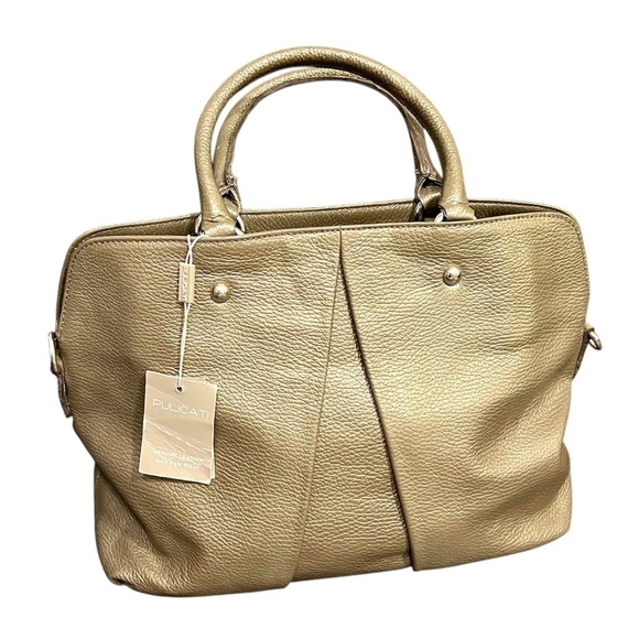 PULICATI Italian Leather Hand Bag Crossbody Champagne Gold & Black NWT